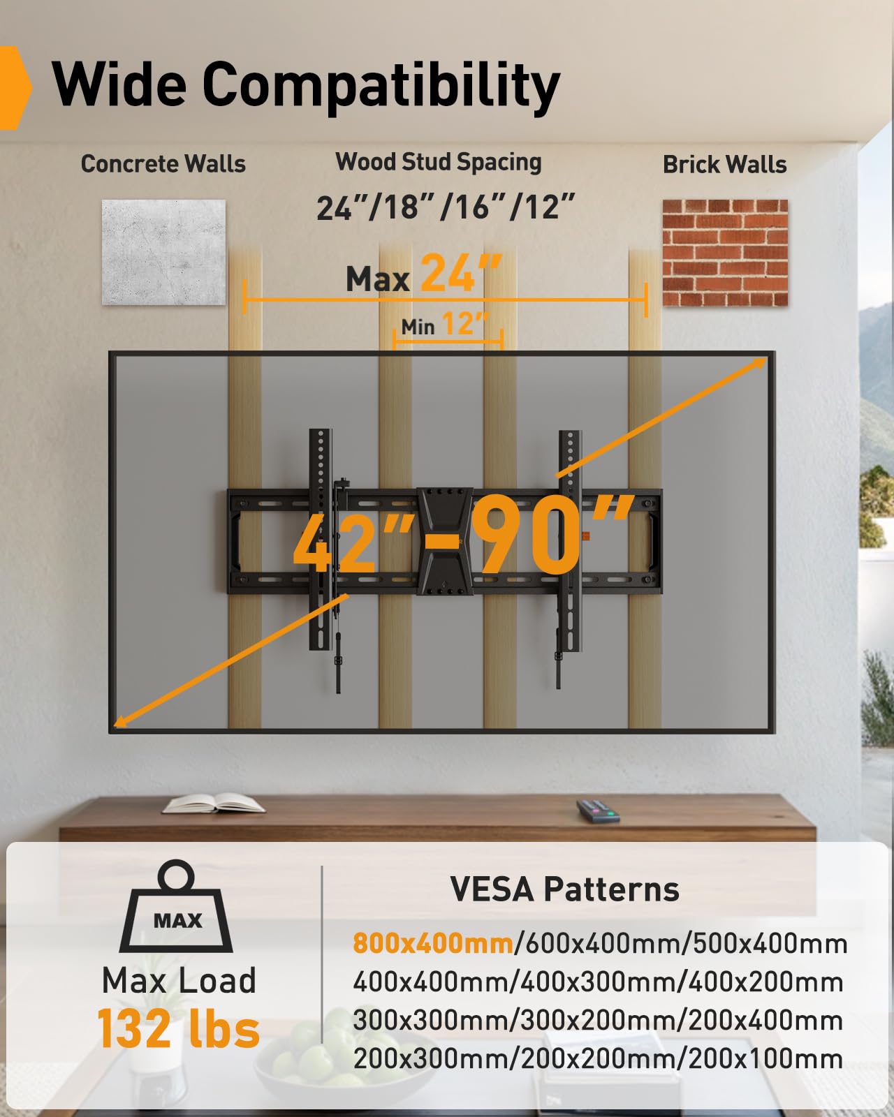 Perlegear Tilting TV Wall Mount for 42–90 Inch TVs up to 132 lbs, Low-Profile TV Mount Wall Bracket with Leveling After Mounting, Fast Install with Template & Hardware, Max VESA 800 x 400mm, PGXT5