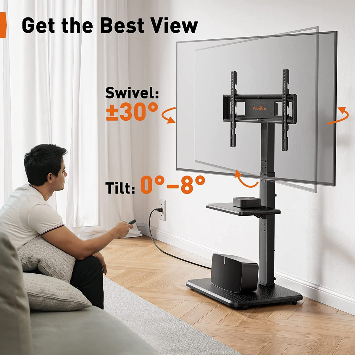 Perlegear Floor TV Stand With Built-in Power Outlet - Universal Stand For 32-75 Inch TVs, Adjustable Height & Swivel