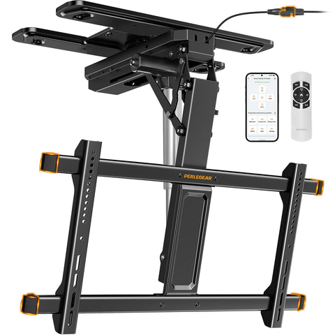 Perlegear Electric Ceiling TV Mount with App & Remote, Motorized Ceiling Mount Full Motion for 32″-75″ Flat and Curved TVs up to 110 lbs, Tilt & Swivel, Flip Down TV Mount for Flat Roof, PGCM12B