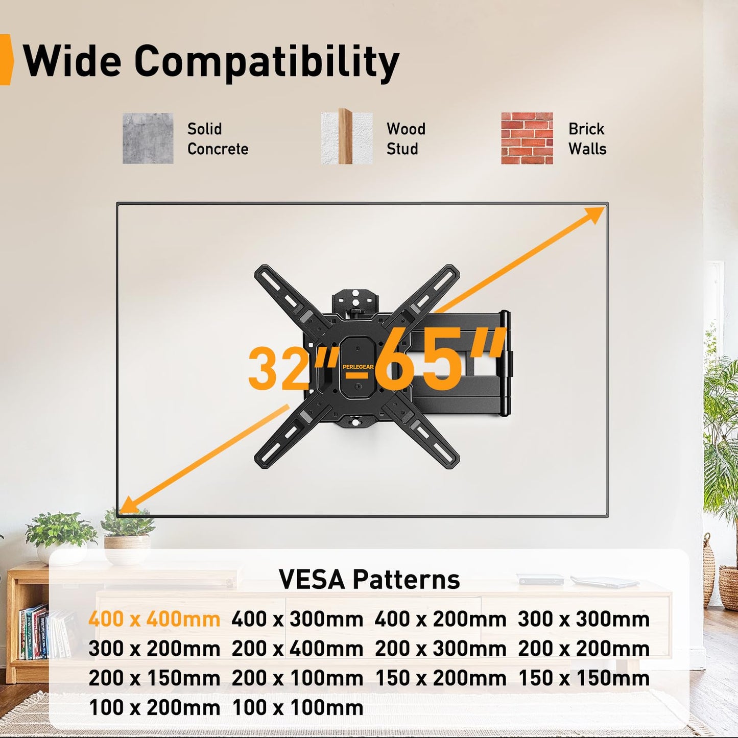 Perlegear Long Arm TV Wall Mount for 32-65″ TVs, 37.4” Long Extension Corner TV Mount, Max VESA 400x400mm, Articulating Arms Full Motion Wall Mount Bracket with Swivel and Tilt, Holds up to 110 lbs