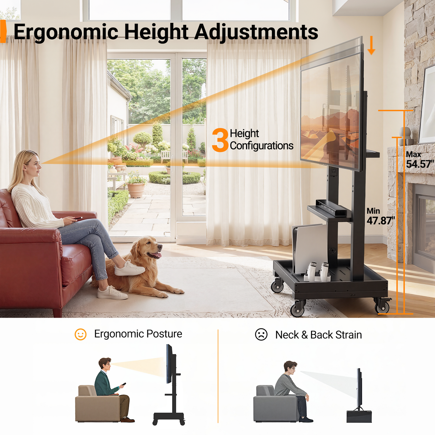 Perlegear Rolling TV Stand for 32”-110” TVs up to 250 lbs, Outdoor TV Stand with Large Wheels, Handle & Power Outlet, Height Adjustable Mobile TV Cart with Wood Shelf, Max VESA 800x600mm