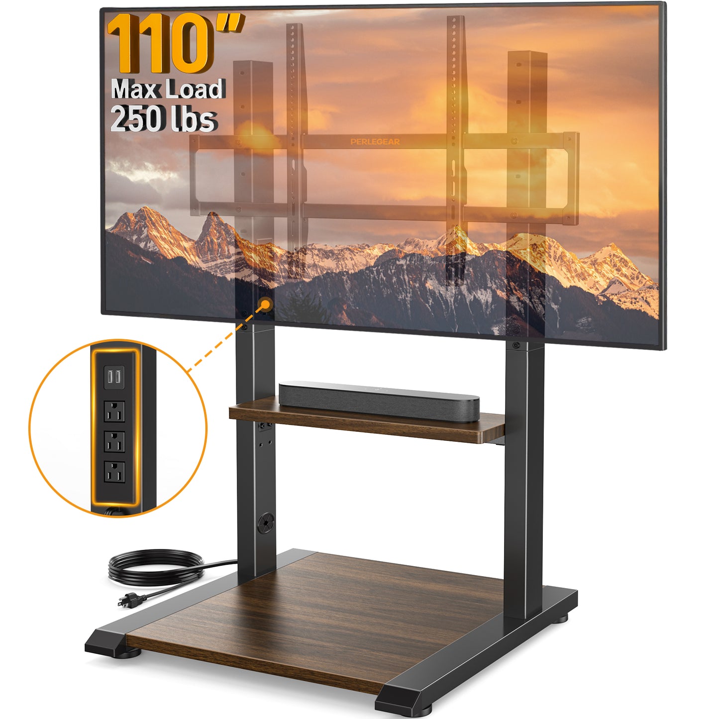 Perlegear Floor TV Stand for 50–110″ TVs with Power Strip, Holds Up to 250 lbs, Universal Standing TV Mount with Adjustable Shelf & Feet, Max VESA 800x600mm, Tall TV Stand for Living Room