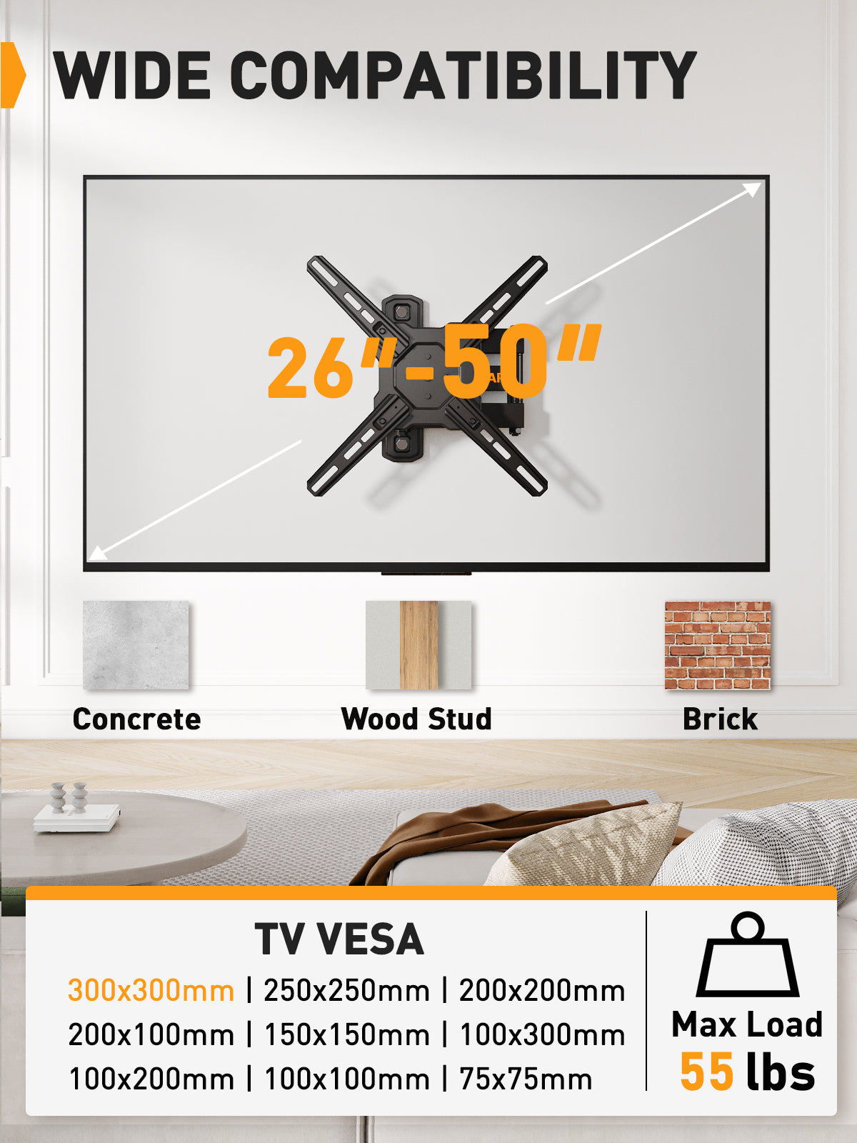 Full Motion TV Wall Mount For 26" to 50" TVs, PGMF13-US