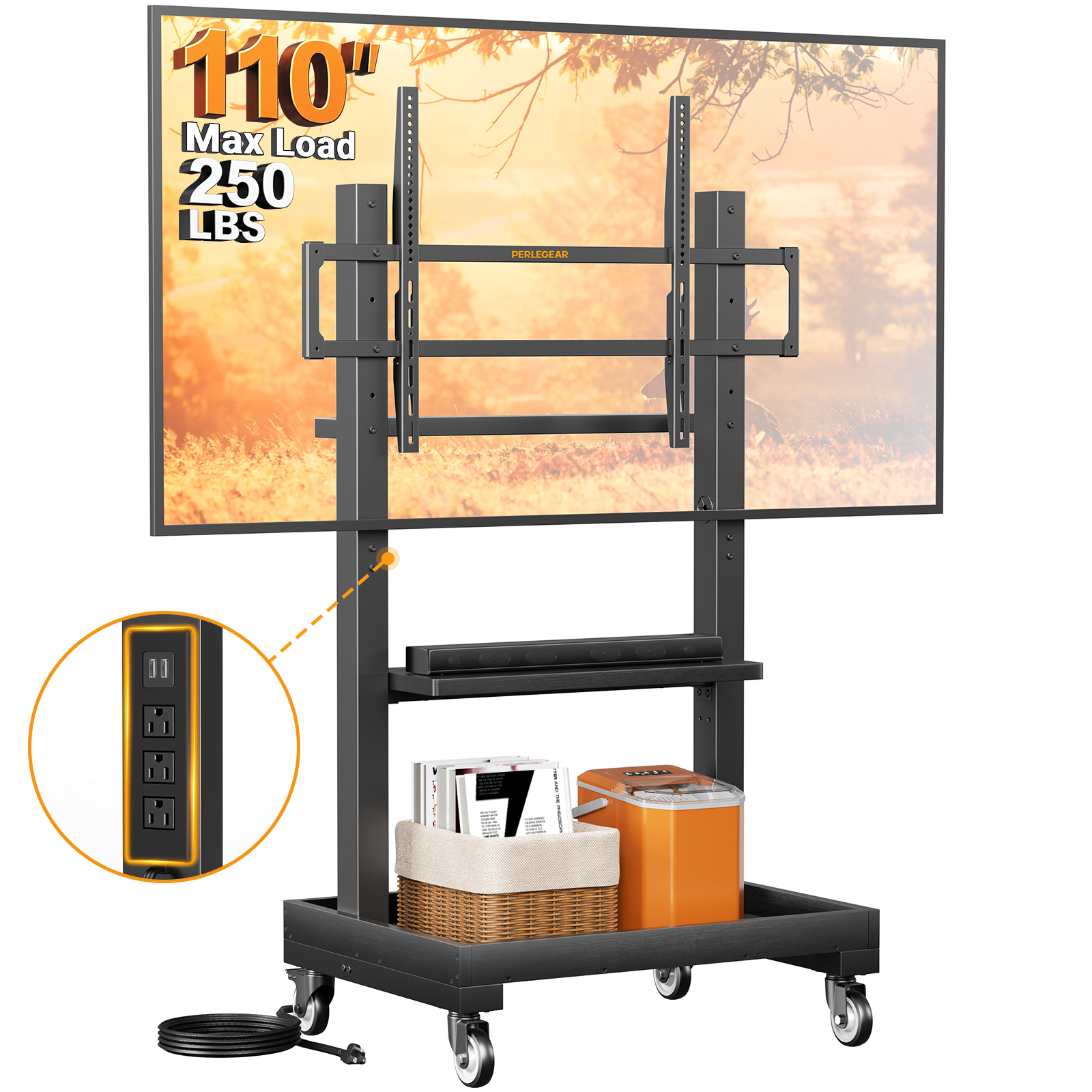 Perlegear Rolling TV Stand for 32”-110” TVs up to 250 lbs, Outdoor TV Stand with Large Wheels, Handle & Power Outlet, Height Adjustable Mobile TV Cart with Wood Shelf, Max VESA 800x600mm
