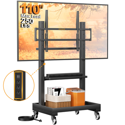 Perlegear Rolling TV Stand for 32”-110” TVs up to 250 lbs, Outdoor TV Stand with Large Wheels, Handle & Power Outlet, Height Adjustable Mobile TV Cart with Wood Shelf, Max VESA 800x600mm