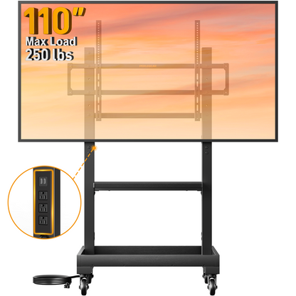Perlegear Rolling TV Stand for 32”-110” TVs up to 250 lbs, Outdoor TV Stand with Large Wheels, Handle & Power Outlet, Height Adjustable Mobile TV Cart with Wood Shelf, Max VESA 800x600mm