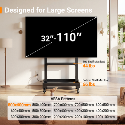 Perlegear Rolling TV Stand for 32”-110” TVs up to 250 lbs, Outdoor TV Stand with Large Wheels, Handle & Power Outlet, Height Adjustable Mobile TV Cart with Wood Shelf, Max VESA 800x600mm