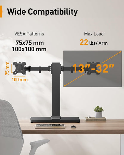 Perlegear Dual Monitor Stand with Power Strip, Freestanding Computer Monitor Stand for 2 Screens up to 32 Inch, Monitor Stand Riser with Glass Base and Adjustable Arms, Holds 22 lbs per Arm, PGTVS41B
