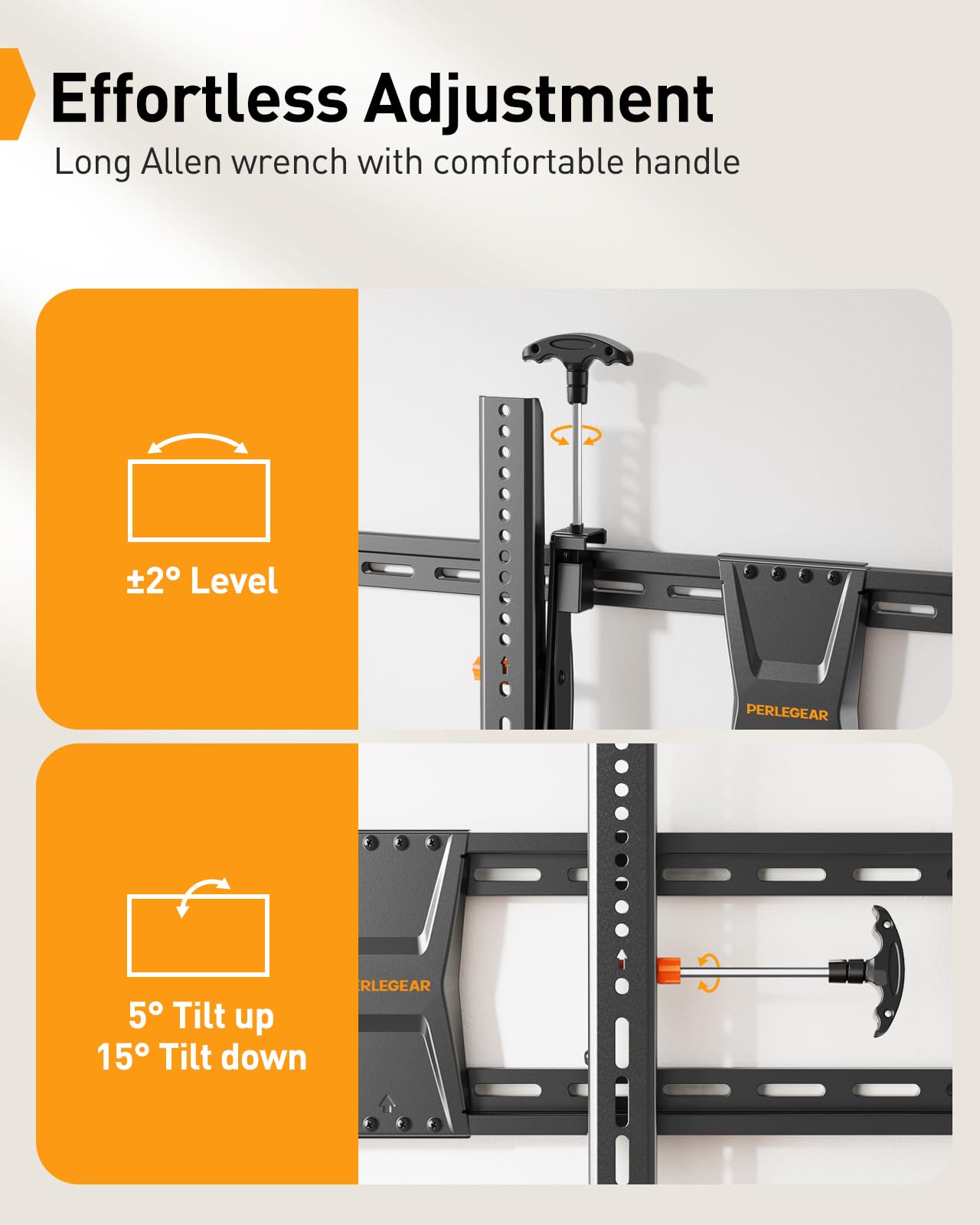 Perlegear Tilting TV Wall Mount for 42–90 Inch TVs up to 132 lbs, Low-Profile TV Mount Wall Bracket with Leveling After Mounting, Fast Install with Template & Hardware, Max VESA 800 x 400mm, PGXT5
