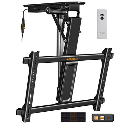 Perlegear Electric Ceiling TV Mount with Remote for 32-70 inch Flat and Curved Screen TVs, Motorized TV Ceiling Mount Flip Down for Flat Roof, Drop Down Ceiling Mount
