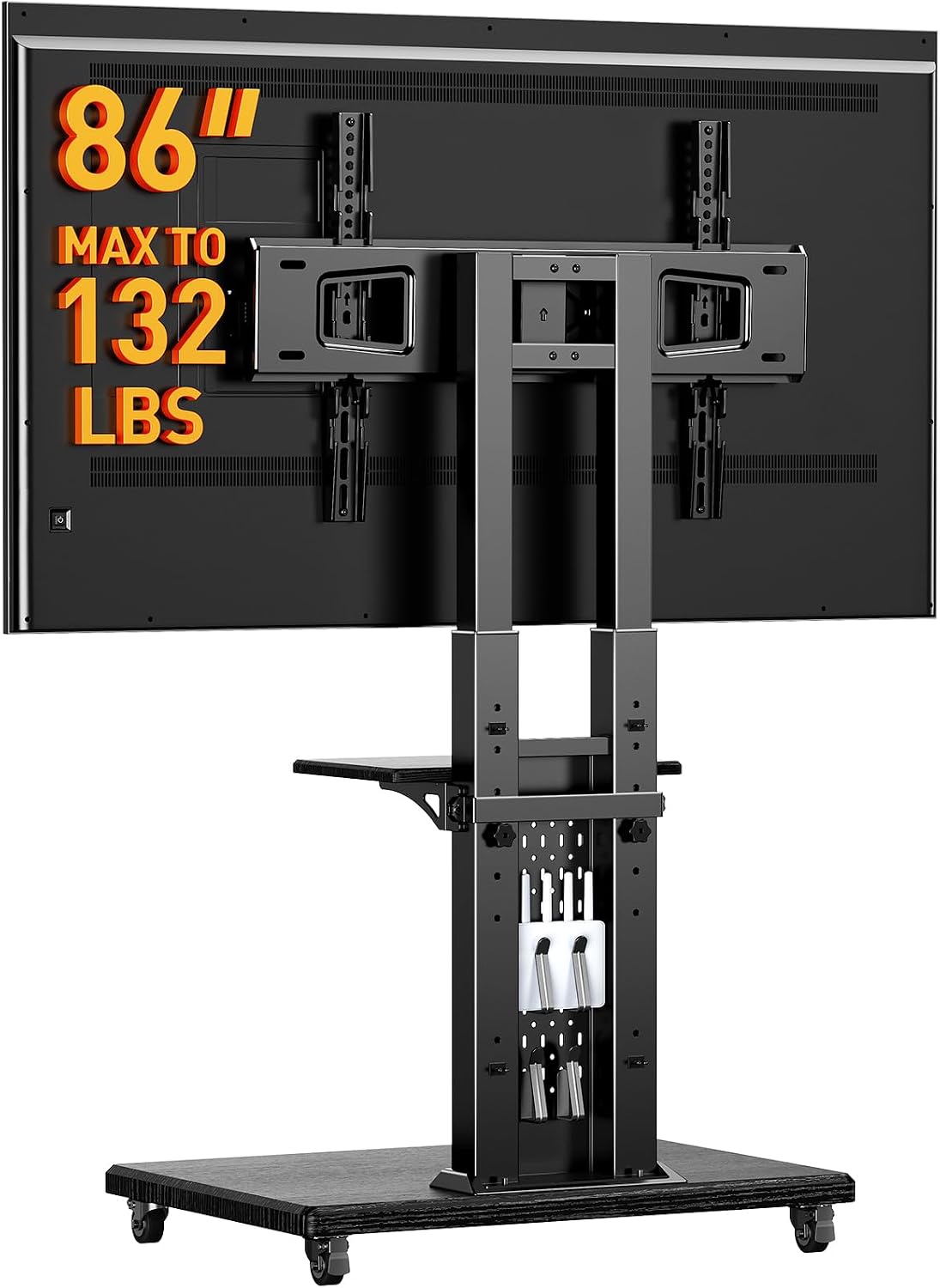 Perlegear Rolling TV Stand for 32”–86” TVs up to 132 lbs, Outdoor TV Stand with Pegboard Storage & Quiet Wheels, Swivel & Height Adjustable Mobile TV Cart with Wood Shelf, Max VESA 600x400mm, PGTVC34B