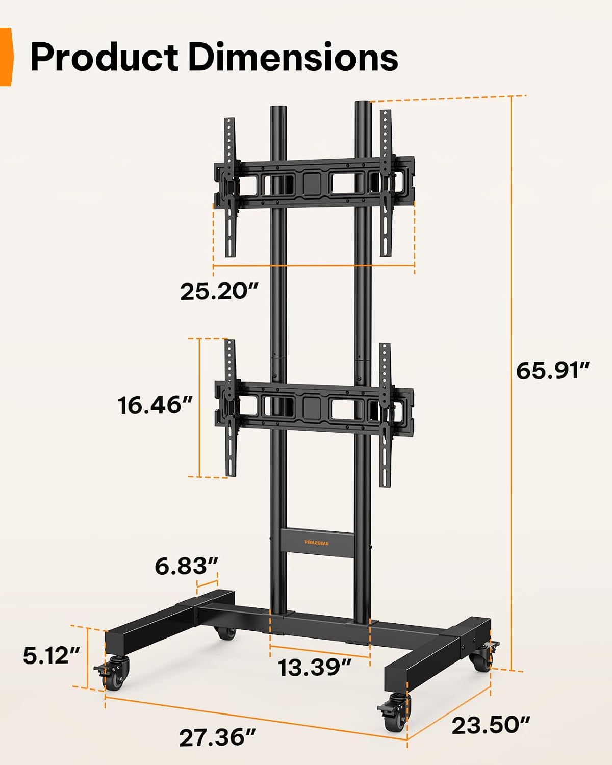 Perlegear Rolling TV Stand for 32–70 Inch Dual Screens, Holds up to 99 lbs Each, Mobile TV Stand with Power Outlet and Lockable Wheels, Tilt & Height Adjustable TV Cart, Max VESA 600x400mm, PGTVC31B