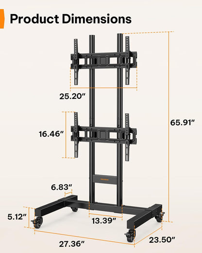 Perlegear Rolling TV Stand for 32–70 Inch Dual Screens, Holds up to 99 lbs Each, Mobile TV Stand with Power Outlet and Lockable Wheels, Tilt & Height Adjustable TV Cart, Max VESA 600x400mm, PGTVC31B