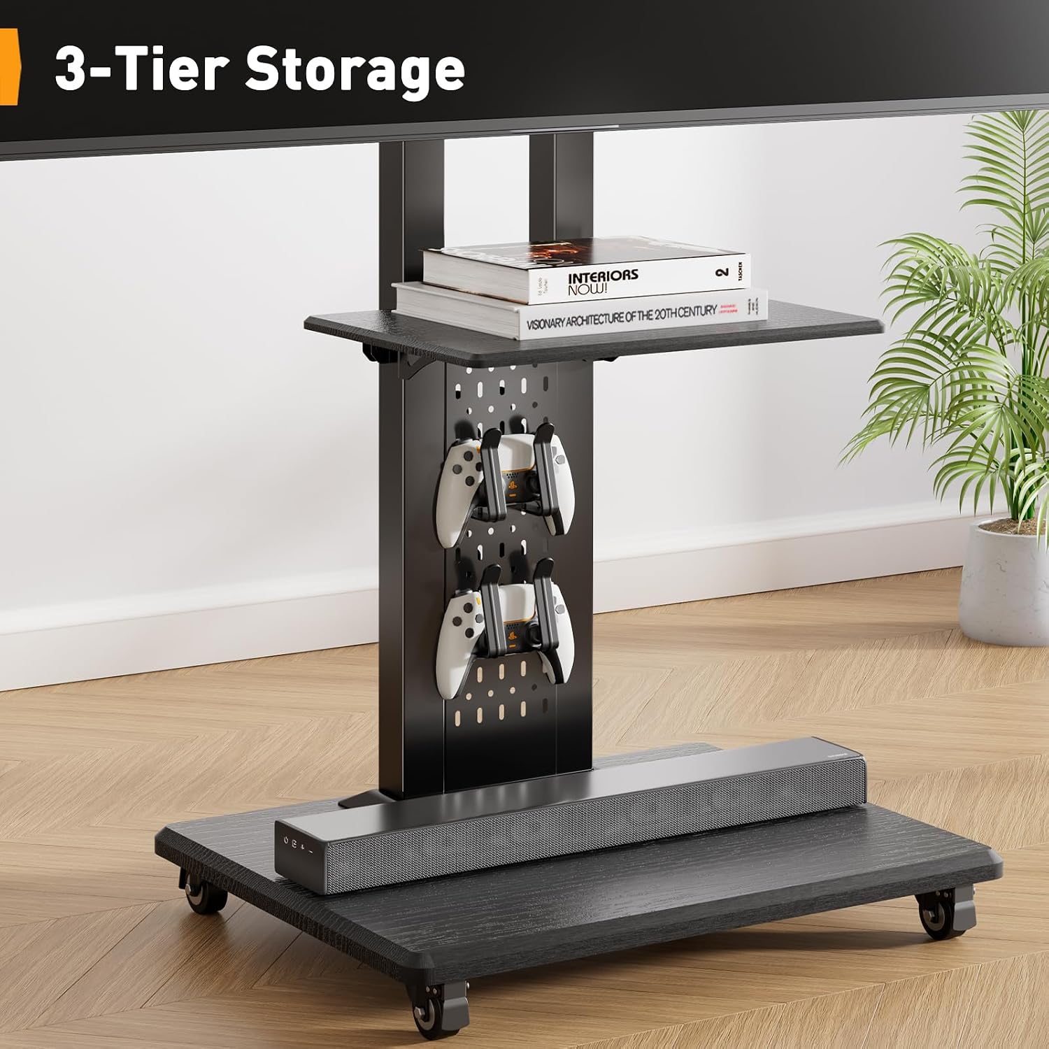 Perlegear Rolling TV Stand for 32”–86” TVs up to 132 lbs, Outdoor TV Stand with Pegboard Storage & Quiet Wheels, Swivel & Height Adjustable Mobile TV Cart with Wood Shelf, Max VESA 600x400mm, PGTVC34B