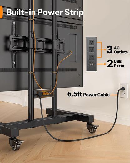 Perlegear Rolling TV Stand for 32–70 Inch Dual Screens, Holds up to 99 lbs Each, Mobile TV Stand with Power Outlet and Lockable Wheels, Tilt & Height Adjustable TV Cart, Max VESA 600x400mm, PGTVC31B