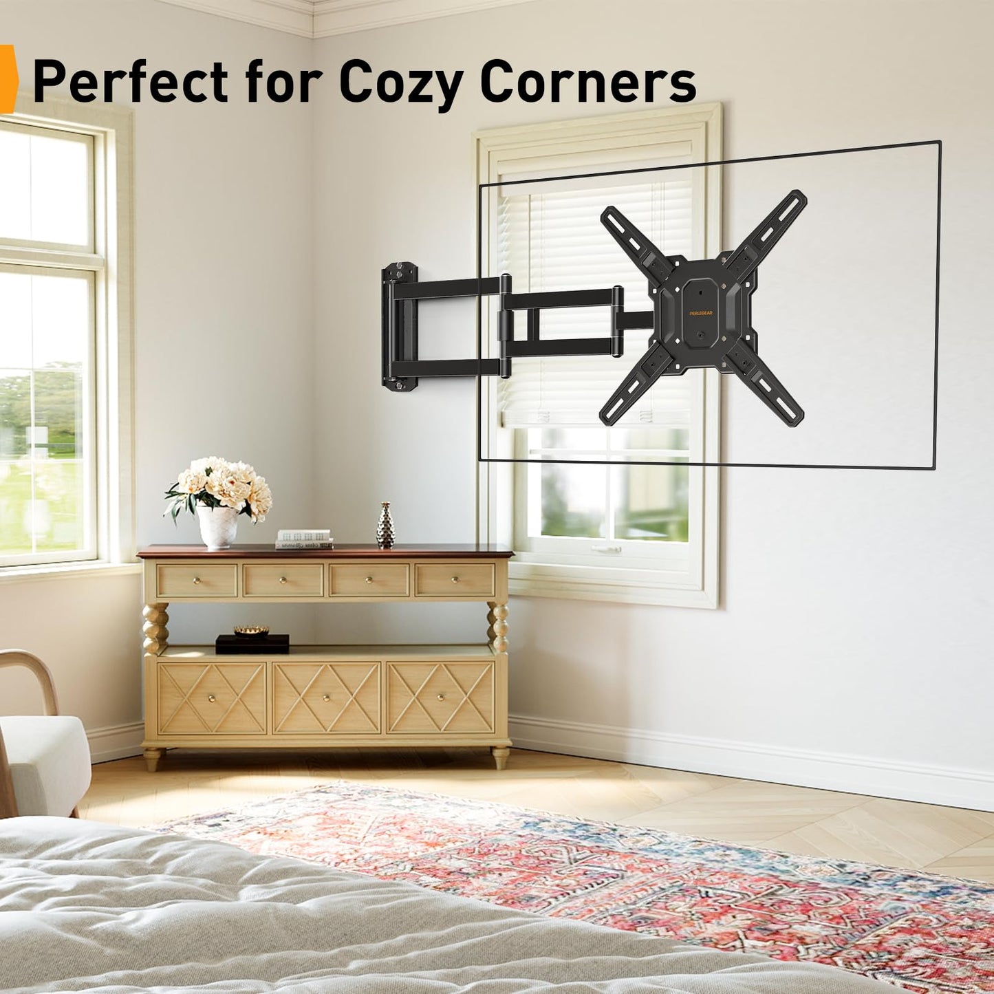 Perlegear Long Arm TV Wall Mount for 32-65″ TVs, 37.4” Long Extension Corner TV Mount, Max VESA 400x400mm, Articulating Arms Full Motion Wall Mount Bracket with Swivel and Tilt, Holds up to 110 lbs