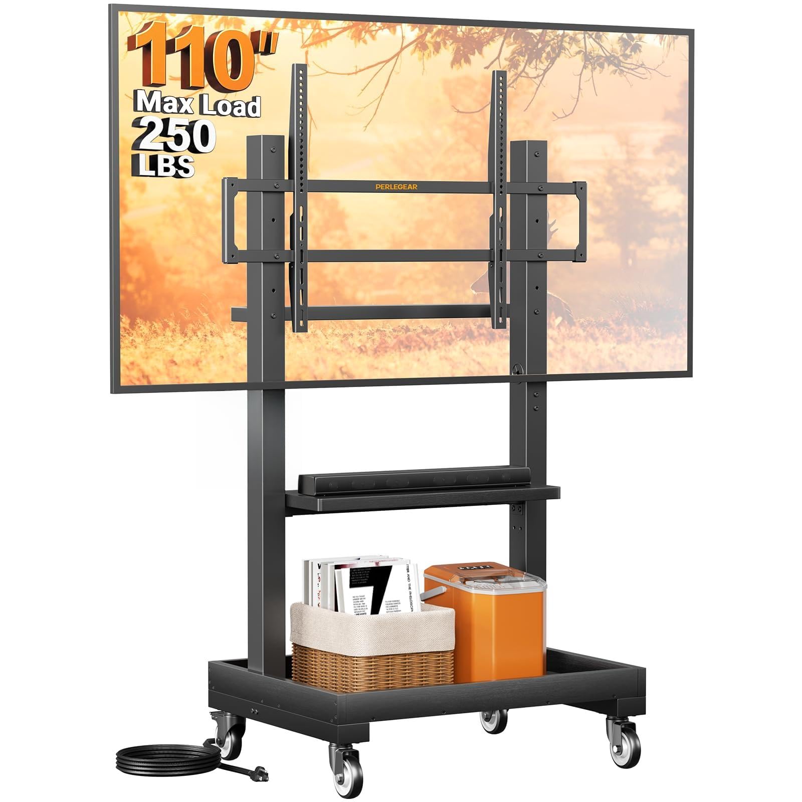 Perlegear Floor TV Stand for 50–110″ TVs with Power Strip, Holds Up to 250 lbs, Universal Standing TV Mount with Adjustable Shelf & Feet, Max VESA 800x600mm, Tall TV Stand for Living Room, PGFS20B