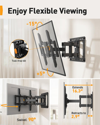 Perlegear UL-Listed Full Motion TV Wall Mount for 40–86 Inch Flat Curved TVs up to 132 lbs, 12″/16″ Wood Studs, TV Mount Bracket with Tool-Free Tilt, Swivel, Extension, Max VESA 600 x 400mm, PGLF15