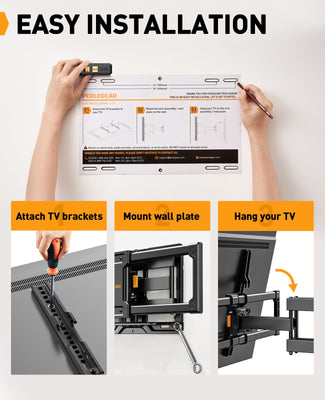 Perlegear Full Motion TV Wall Mount for Most 42–84 inch Flat Curved TVs up to 132 lbs, 12″/16″ Wood Studs, Bracket with Articulating Arms, Swivel, Tool-Free Tilt, Max VESA 600x400mm PGLF12