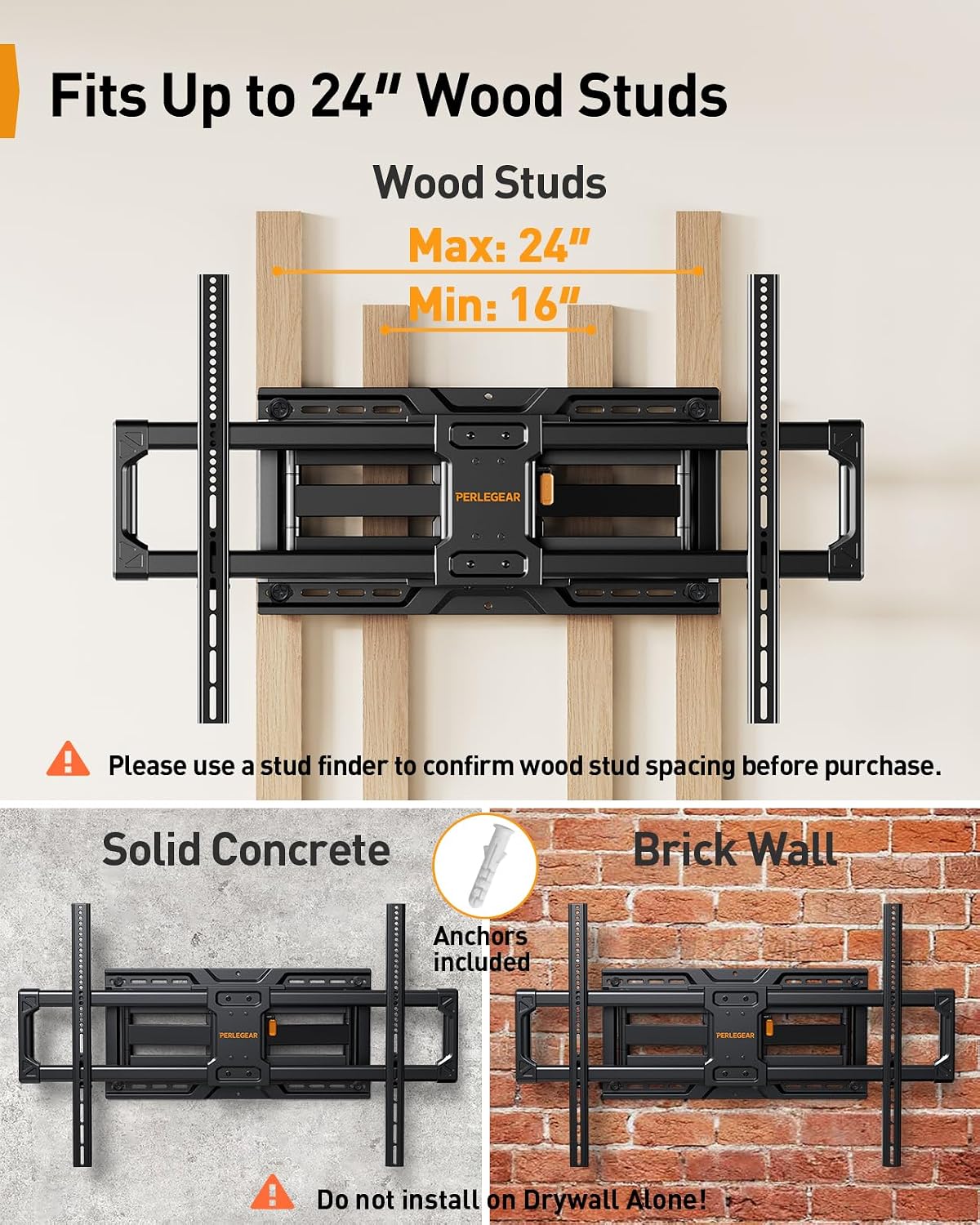 Perlegear Large Full Motion TV Wall Mount for 55–120 inch TVs up to 220 lbs | 20% thicker heavy-duty steel, pre-assembled tv mount, tool-free tilt, swivel, extend, fits 16"/24" studs, max VESA 900x600mm