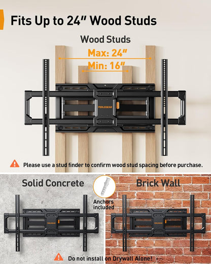 Perlegear Large Full Motion TV Wall Mount for 55–120 inch TVs up to 220 lbs | 20% thicker heavy-duty steel, pre-assembled tv mount, tool-free tilt, swivel, extend, fits 16"/24" studs, max VESA 900x600mm