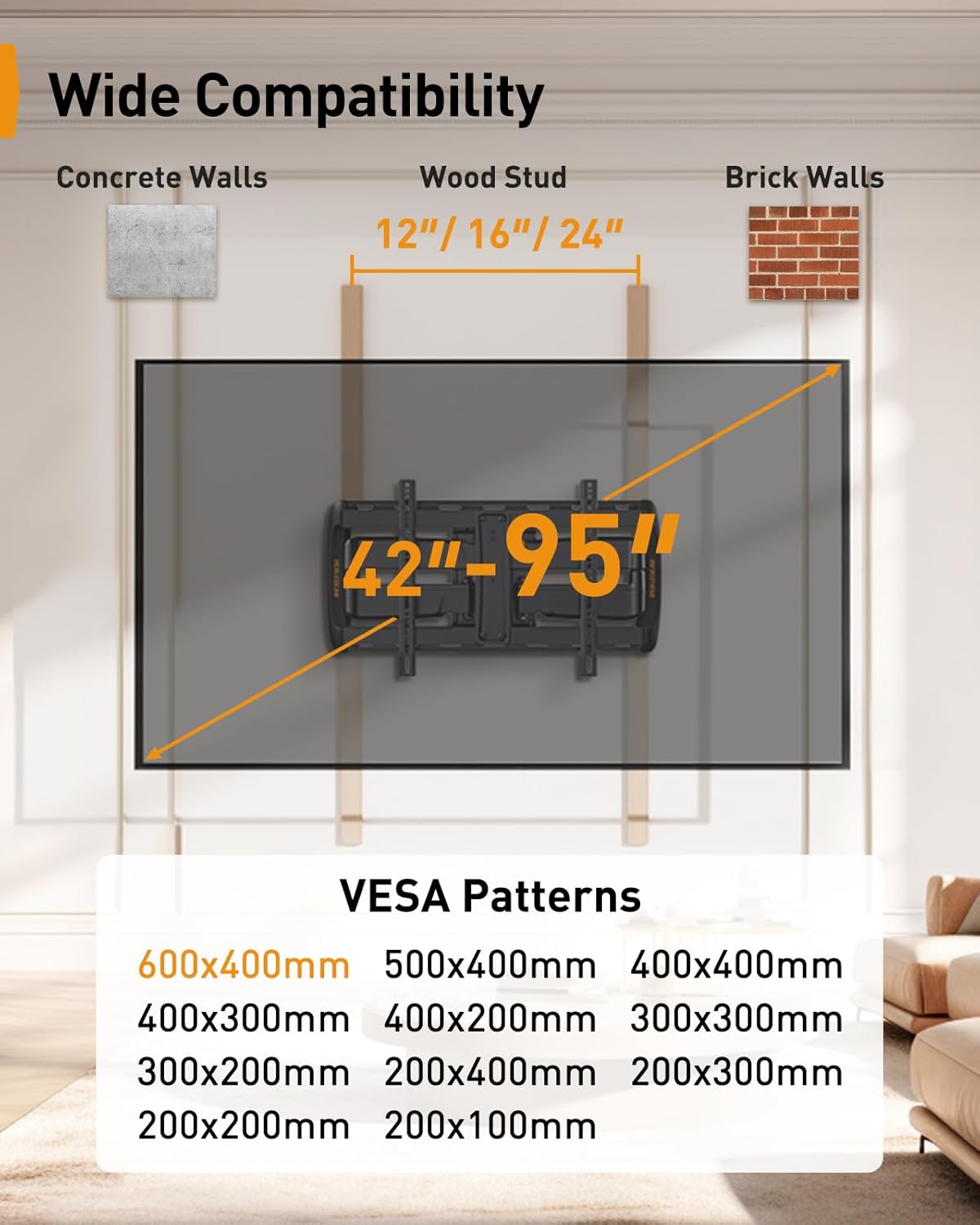 Perlegear Full Motion TV Wall Mount for 42-95″ TVs, PGTVM41B-LF-US