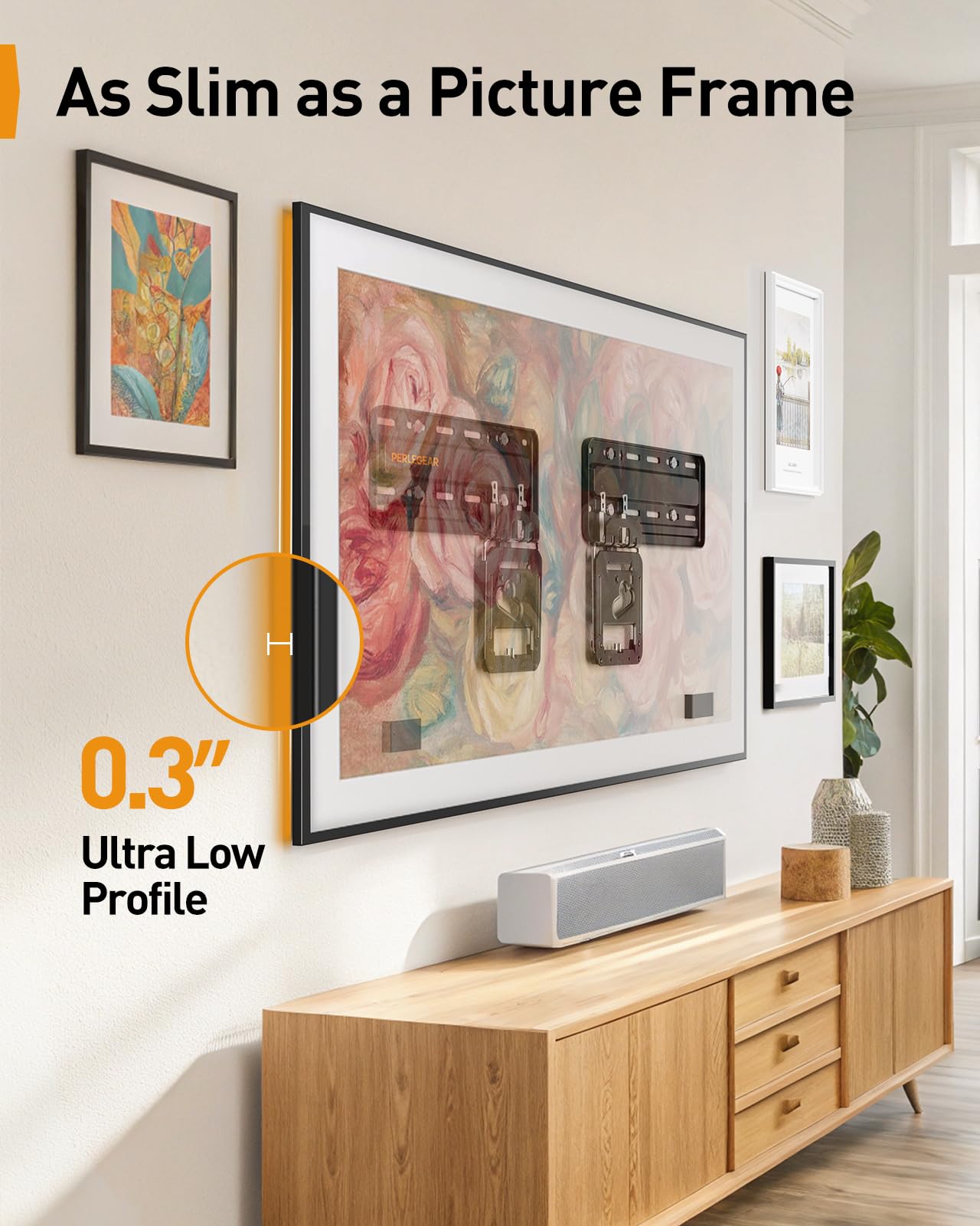 Perlegear Ultra Slim TV Wall Mount for 42”- 86” Flat and Neo QLED Frame TVs, Only 0.3” Low Profile TV Mount, Flat Television Wall Mount Holds up to 132 lbs, Only Included M6 Screws