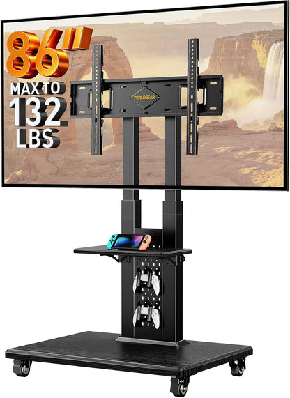 Perlegear Rolling TV Stand for 32”–86” TVs up to 132 lbs, Outdoor TV Stand with Pegboard Storage & Quiet Wheels, Swivel & Height Adjustable Mobile TV Cart with Wood Shelf, Max VESA 600x400mm, PGTVC34B