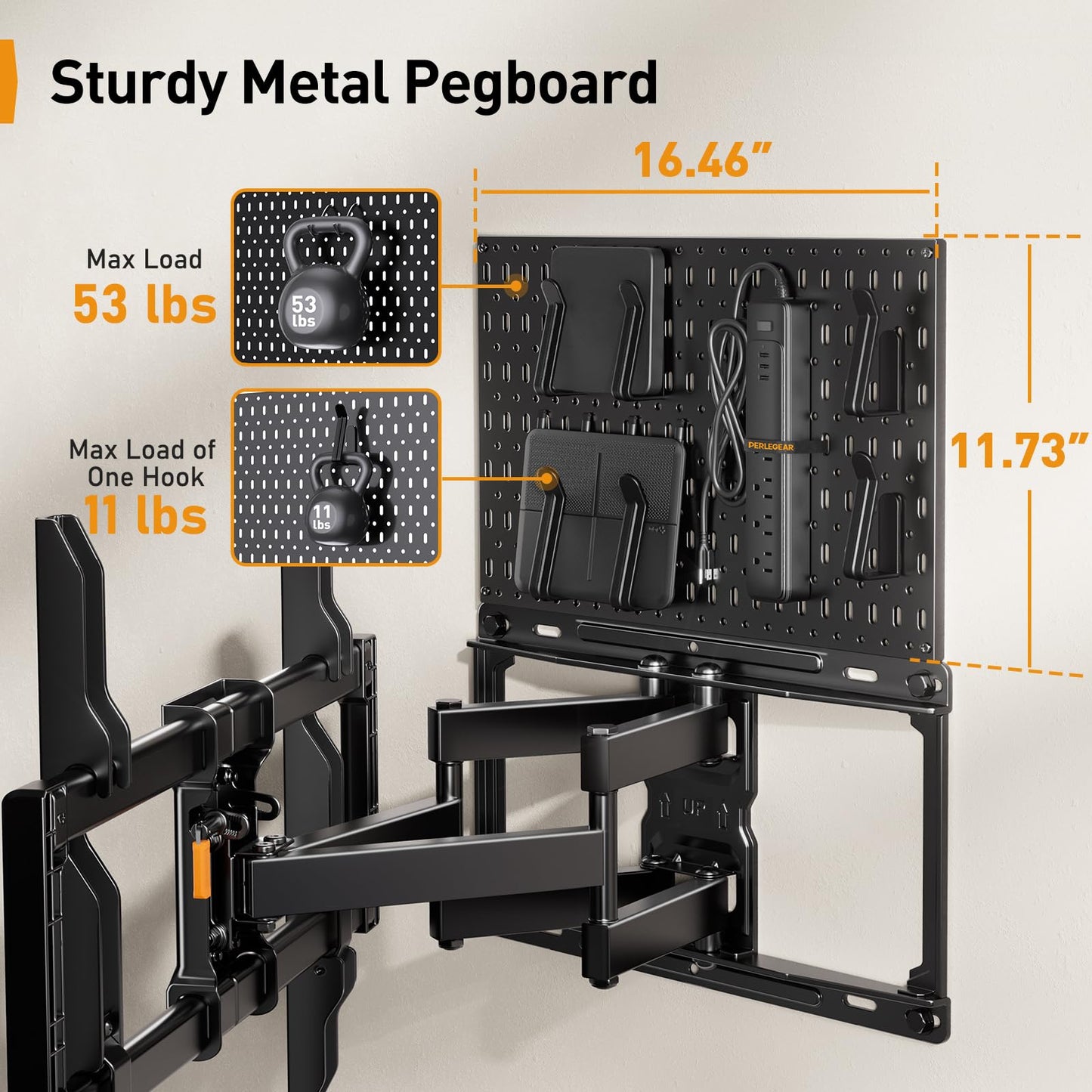 PERLEGEAR Full Motion TV Mount with Metal Pegboard for Most 42-84 inch Flat or Curved TVs up to 132 lbs, TV Wall Mount with Swivel & Tool-Free Tilt, Max VESA 600x400mm, Fits 12″/16″ Wood Studs, PGLF17