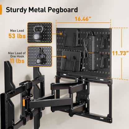 PERLEGEAR Full Motion TV Mount with Metal Pegboard for Most 42-84 inch Flat or Curved TVs up to 132 lbs, TV Wall Mount with Swivel & Tool-Free Tilt, Max VESA 600x400mm, Fits 12″/16″ Wood Studs, PGLF17