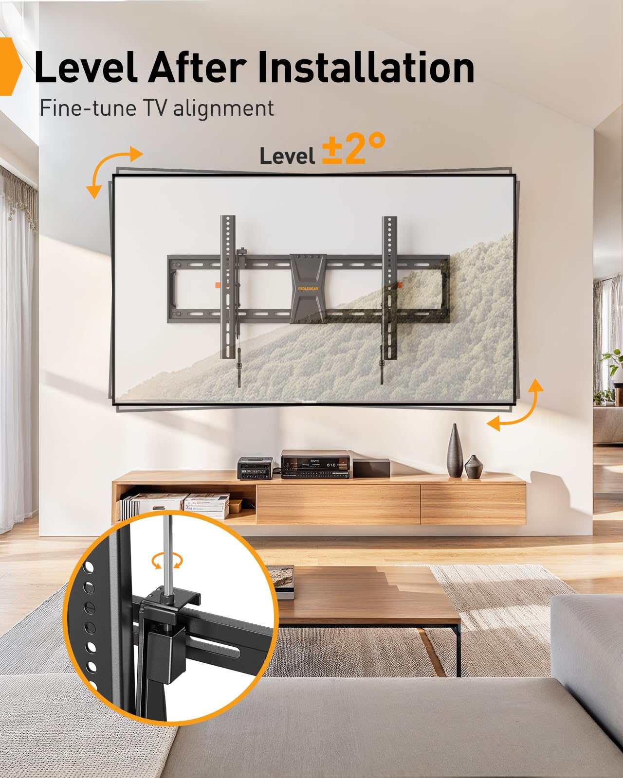 Perlegear Tilting TV Wall Mount for 42–90 Inch TVs up to 132 lbs, Low-Profile TV Mount Wall Bracket with Leveling After Mounting, Fast Install with Template & Hardware, Max VESA 800 x 400mm, PGXT5