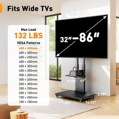 Perlegear Rolling TV Stand for 32”–86” TVs up to 132 lbs, Outdoor TV Stand with Pegboard Storage & Quiet Wheels, Swivel & Height Adjustable Mobile TV Cart with Wood Shelf, Max VESA 600x400mm, PGTVC34B