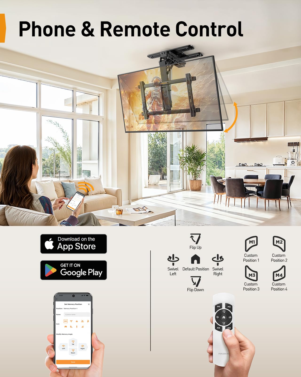 Perlegear Electric Ceiling TV Mount with App & Remote, Motorized Ceiling Mount Full Motion for 32″-75″ Flat and Curved TVs up to 110 lbs, Tilt & Swivel, Flip Down TV Mount for Flat Roof, PGCM12B