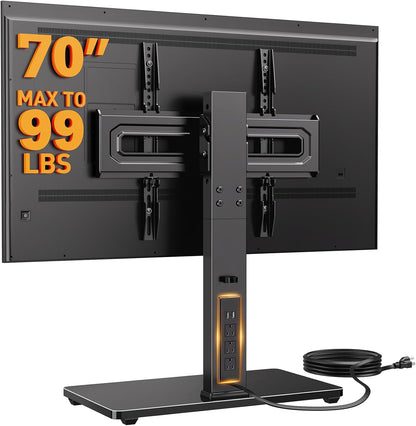 Perlegear Swivel TV Stand with Power Outlet for 32–72 inch TVs up to 99 lbs, Stable Tempered Glass Base, Universal TV Stand Base with Tilt, 9 height adjustments,cable management, max VESA 600x400mm