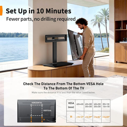 Perlegear Swivel TV Stand with Power Outlet for 32–72 inch TVs up to 99 lbs, Stable Tempered Glass Base, Universal TV Stand Base with Tilt, 9 height adjustments,cable management, max VESA 600x400mm