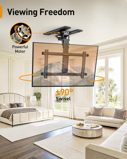 Perlegear Electric Ceiling TV Mount with App & Remote, Motorized Ceiling Mount Full Motion for 32″-75″ Flat and Curved TVs up to 110 lbs, Tilt & Swivel, Flip Down TV Mount for Flat Roof, PGCM12B