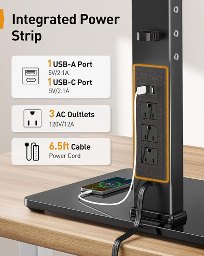 Perlegear Dual Monitor Stand with Power Strip, Freestanding Computer Monitor Stand for 2 Screens up to 32 Inch, Monitor Stand Riser with Glass Base and Adjustable Arms, Holds 22 lbs per Arm, PGTVS41B