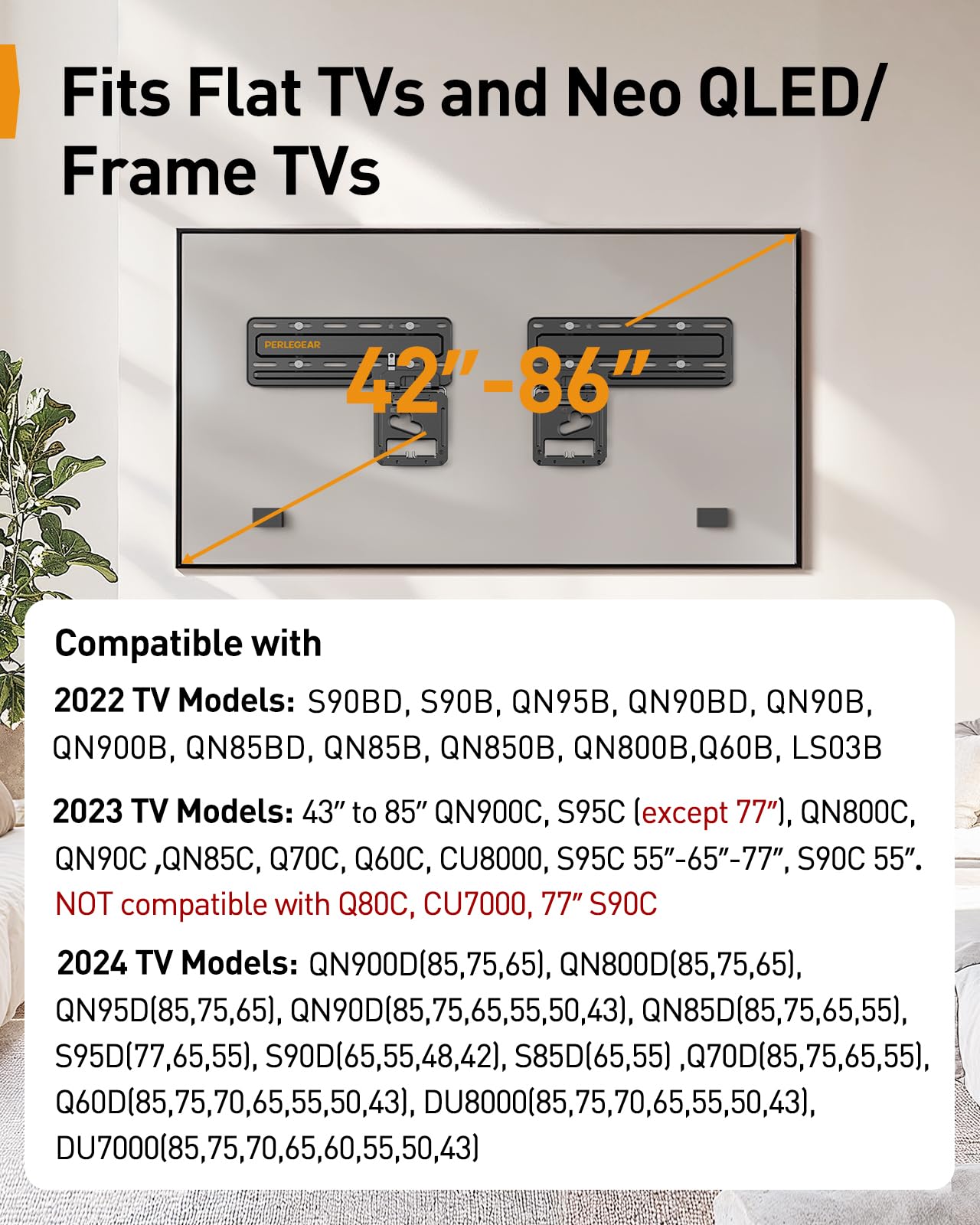 Perlegear Ultra Slim TV Wall Mount for 42”- 86” Flat and Neo QLED Frame TVs, Only 0.3” Low Profile TV Mount, Flat Television Wall Mount Holds up to 132 lbs, Only Included M6 Screws