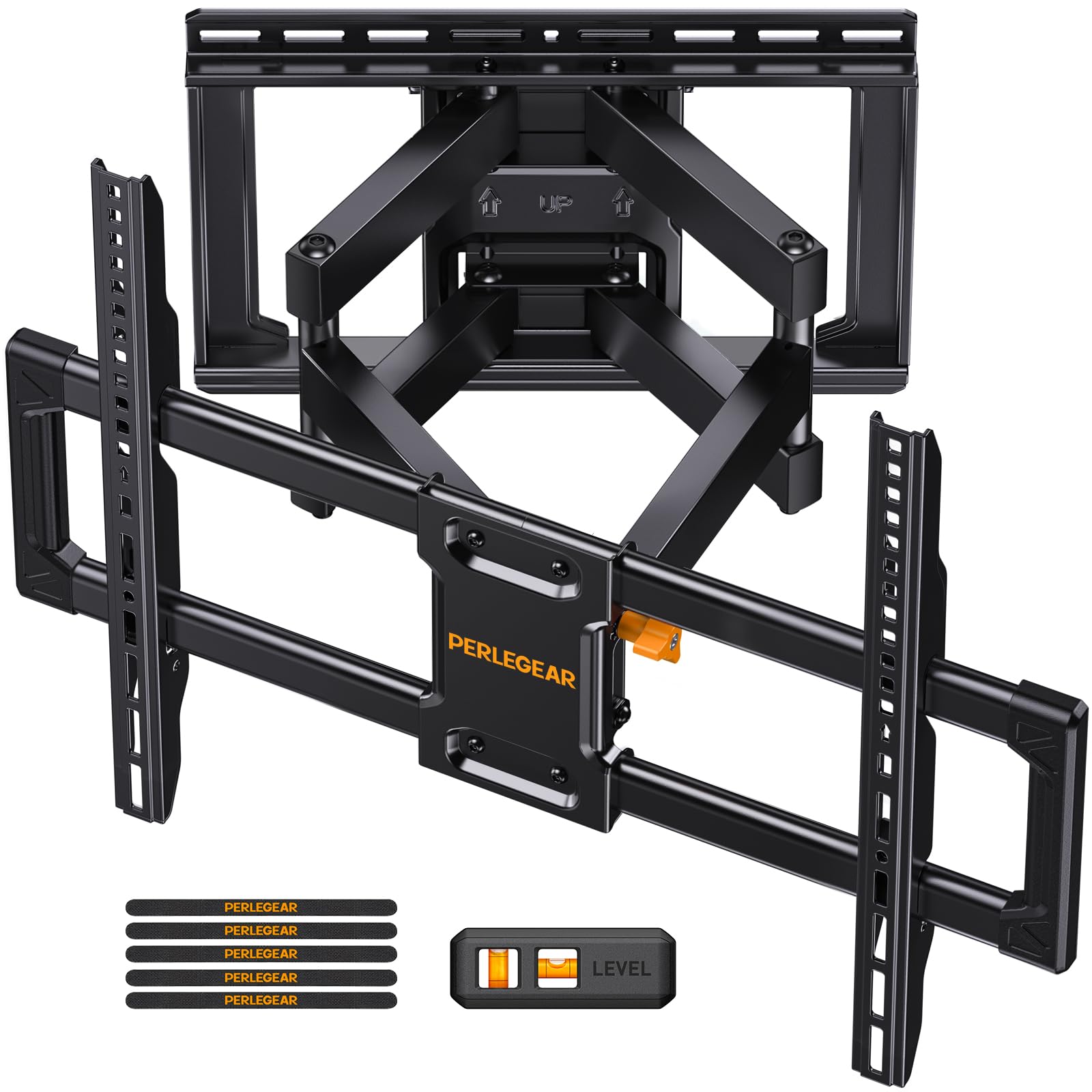 Perlegear Large Full Motion TV Wall Mount for 55–120 inch TVs up to 220 lbs | 20% thicker heavy-duty steel, pre-assembled tv mount, tool-free tilt, swivel, extend, fits 16"/24" studs, max VESA 900x600mm