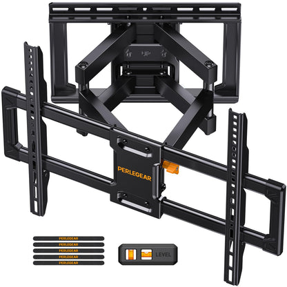 Perlegear Large Full Motion TV Wall Mount for 55–120 inch TVs up to 220 lbs | 20% thicker heavy-duty steel, pre-assembled tv mount, tool-free tilt, swivel, extend, fits 16"/24" studs, max VESA 900x600mm