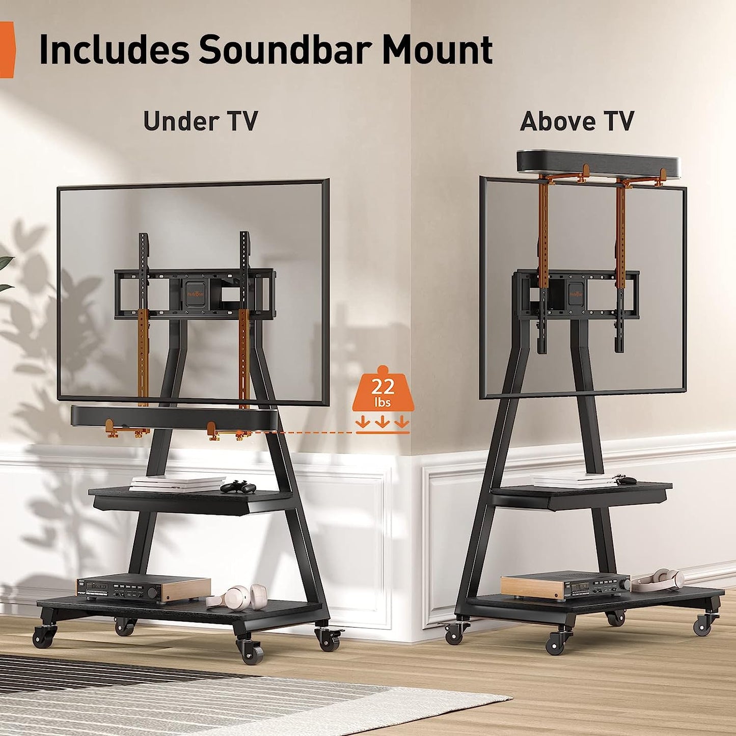 Heavy-Duty TV Cart For 43" To 83" TVs With Soundbar Mount
