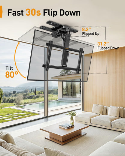 Perlegear Electric Ceiling TV Mount with App & Remote, Motorized Ceiling Mount Full Motion for 32″-75″ Flat and Curved TVs up to 110 lbs, Tilt & Swivel, Flip Down TV Mount for Flat Roof, PGCM12B