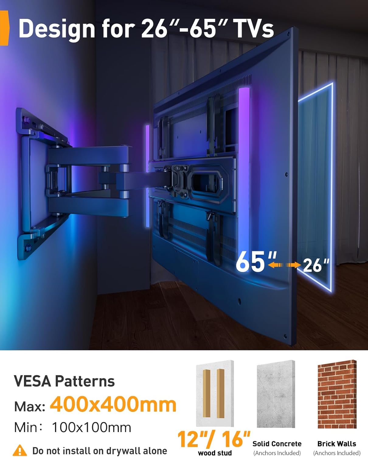 Pre-Assembled TV Wall Mount with LED Lights for 26-65 inch TVs