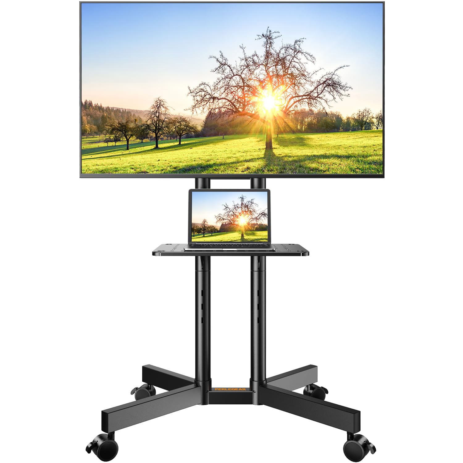 Perlegear Rolling TV Stand for 32”–86” TVs up to 132 lbs, Outdoor TV Stand with Pegboard Storage & Quiet Wheels, Swivel & Height Adjustable Mobile TV Cart with Wood Shelf, Max VESA 600x400mm, PGTVC34B