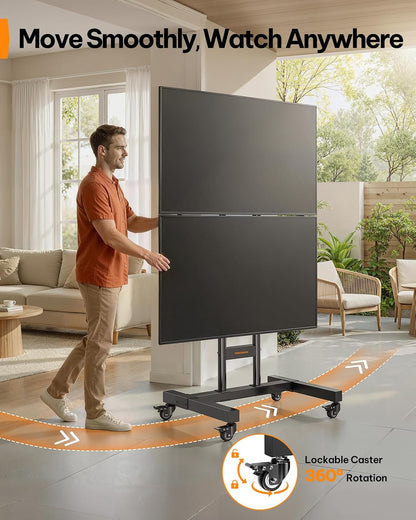 Perlegear Rolling TV Stand for 32–70 Inch Dual Screens, Holds up to 99 lbs Each, Mobile TV Stand with Power Outlet and Lockable Wheels, Tilt & Height Adjustable TV Cart, Max VESA 600x400mm, PGTVC31B