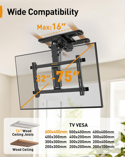 Perlegear Electric Ceiling TV Mount with App & Remote, Motorized Ceiling Mount Full Motion for 32″-75″ Flat and Curved TVs up to 110 lbs, Tilt & Swivel, Flip Down TV Mount for Flat Roof, PGCM12B
