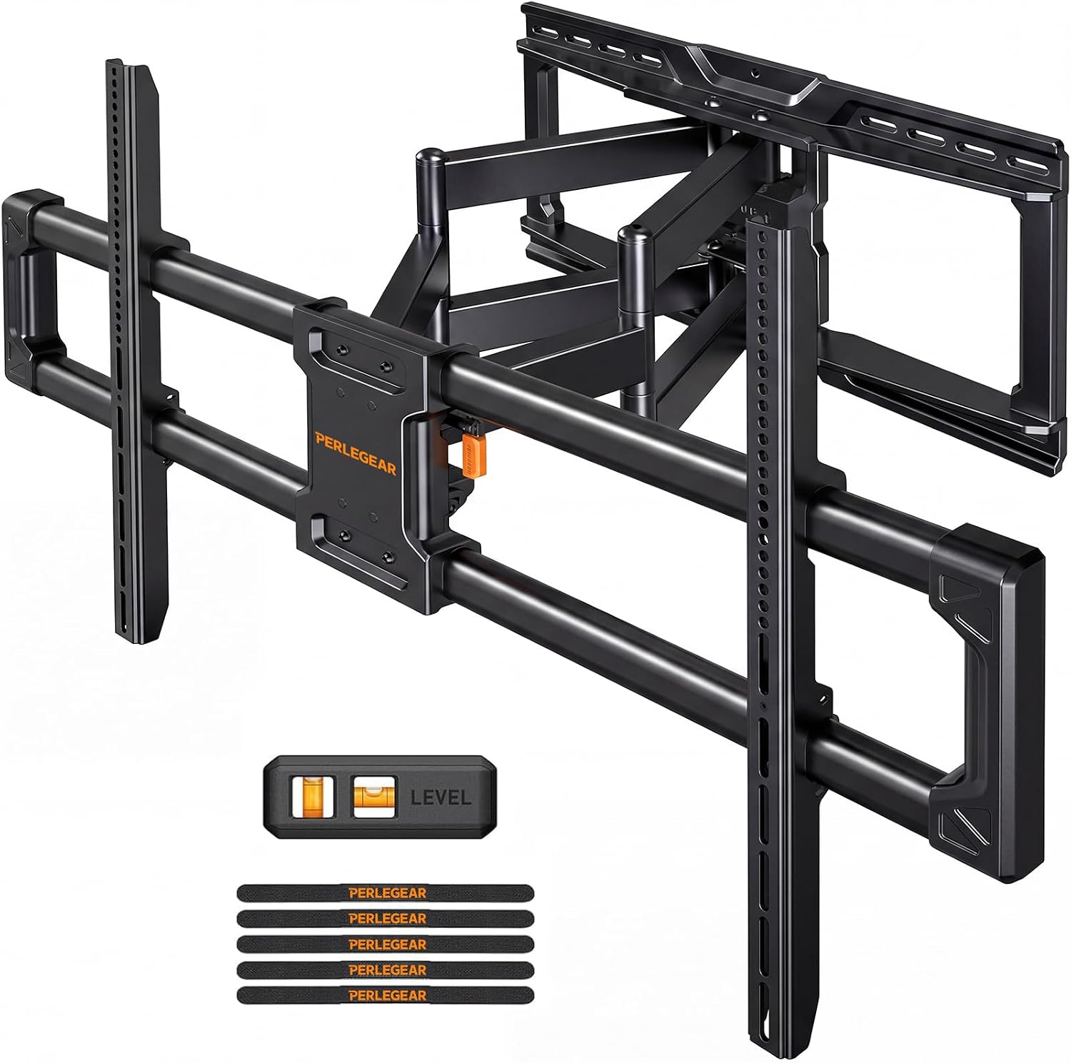Perlegear Large Full Motion TV Wall Mount for 55–120 inch TVs up to 220 lbs | 20% thicker heavy-duty steel, pre-assembled tv mount, tool-free tilt, swivel, extend, fits 16"/24" studs, max VESA 900x600mm