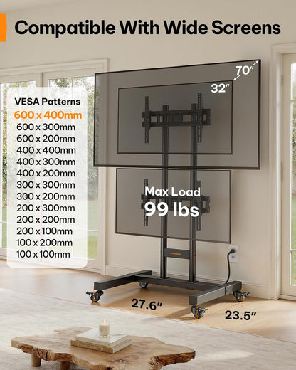 Perlegear Rolling TV Stand for 32–70 Inch Dual Screens, Holds up to 99 lbs Each, Mobile TV Stand with Power Outlet and Lockable Wheels, Tilt & Height Adjustable TV Cart, Max VESA 600x400mm, PGTVC31B