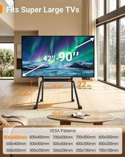 Perlegear Rolling TV Stand for 42″–90″ TVs up to 220 lbs, Four Leg Heavy Duty TV Stand with Lockable Wheels, Outdoor Height Adjustable Mobile TV Cart with Anti-Drop Shelf, Max VESA 800x600mm, PGTVC45B