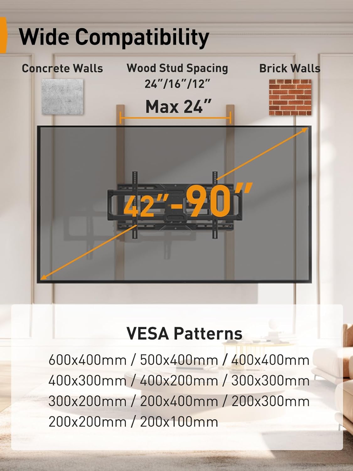 Full Motion TV Wall Mount For 42" to 90" TVs